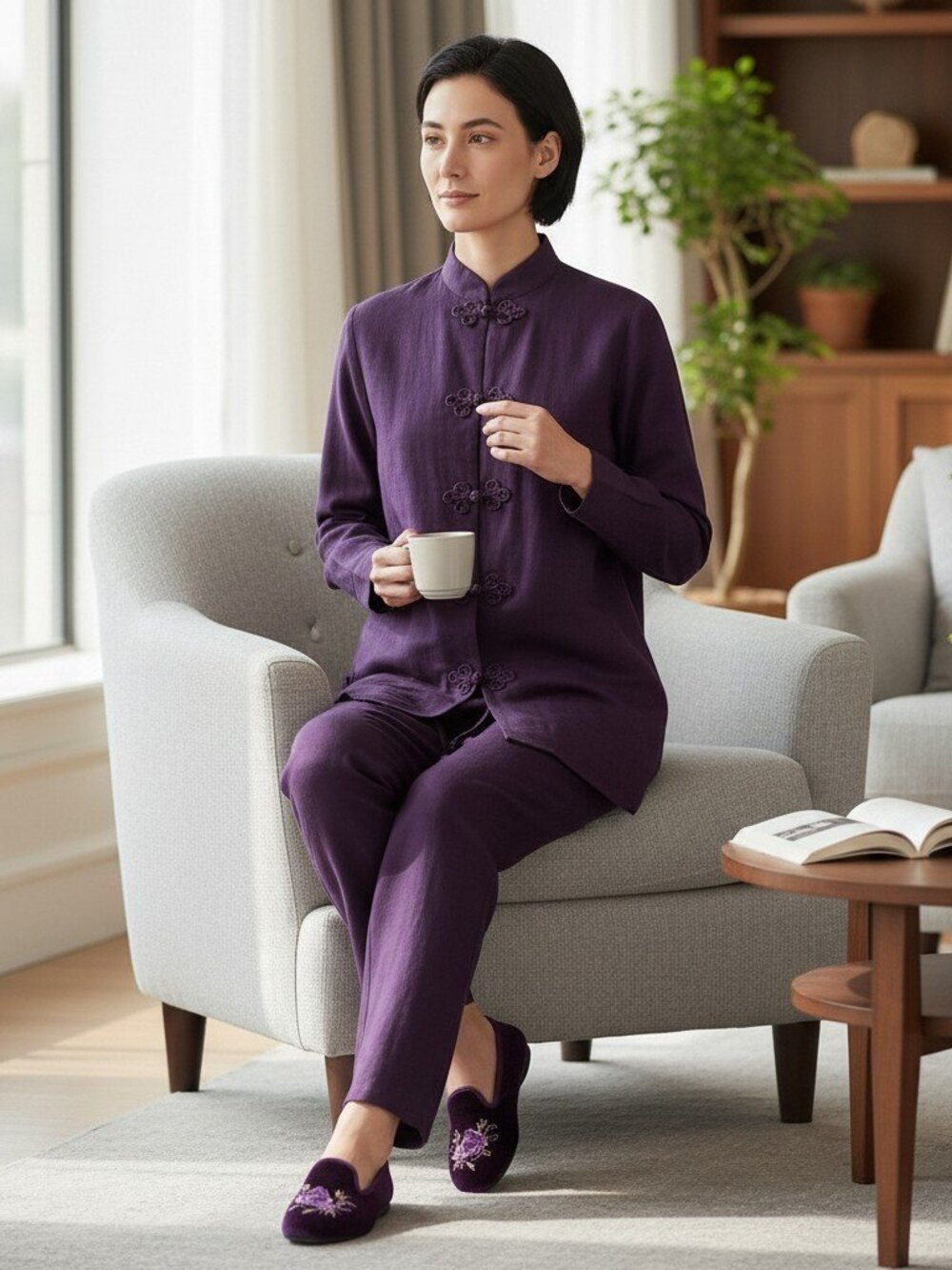 Neiman Marcus 100% Silk Purple Tai Chi Set PM Petite Medium Frog Closure Lounge - Picture 2 of 16